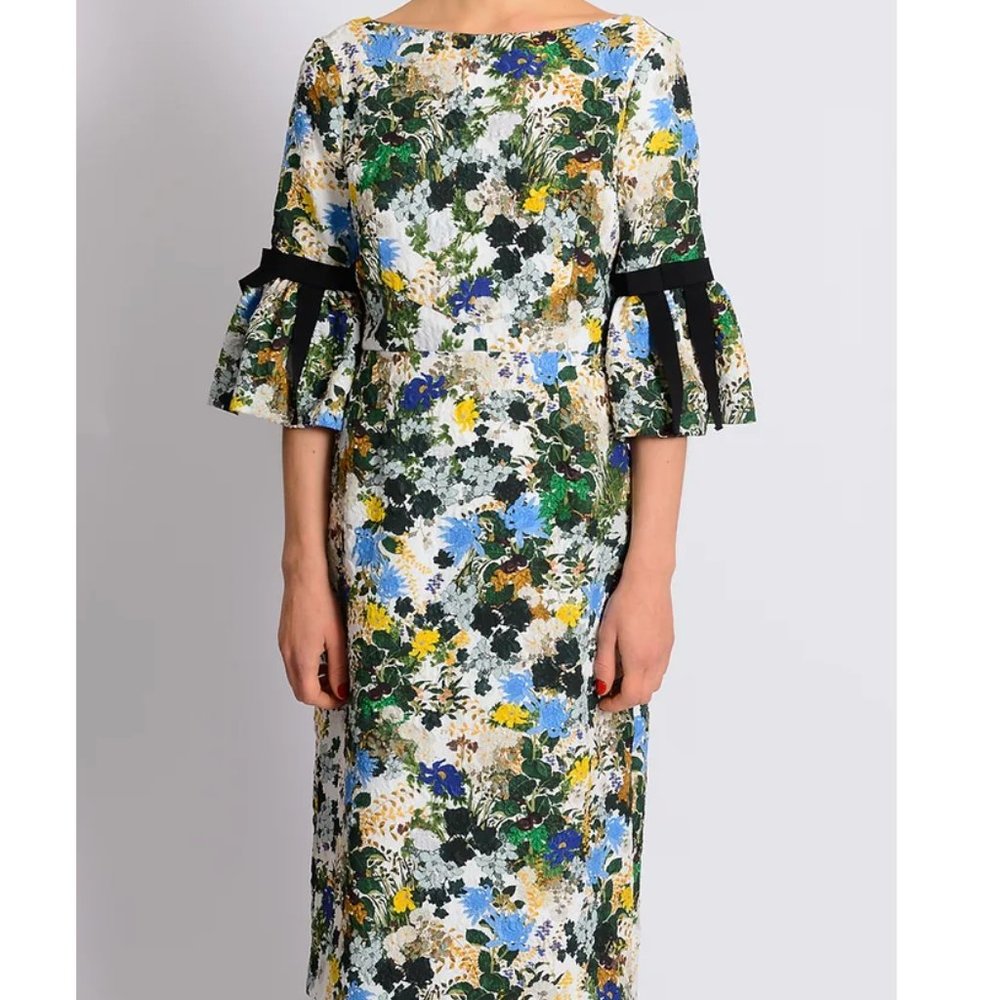 *Erdem* Alexandra Floral Meadow Pencil Dress w/ Grosgrain Ribbon Trim